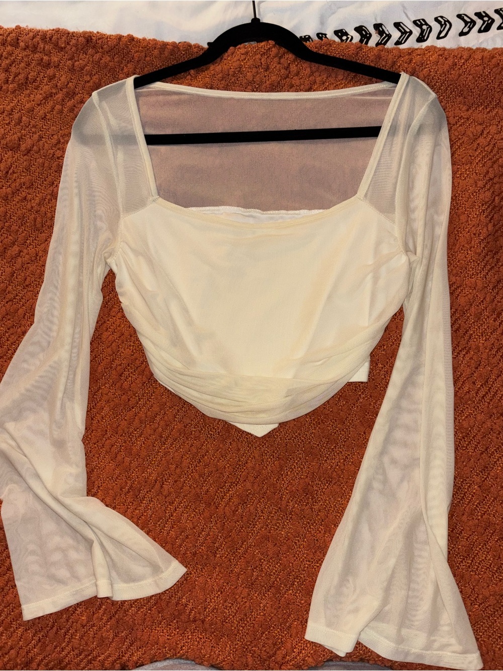 SHEIN Cream Sheer Long Sleeve Crop Top